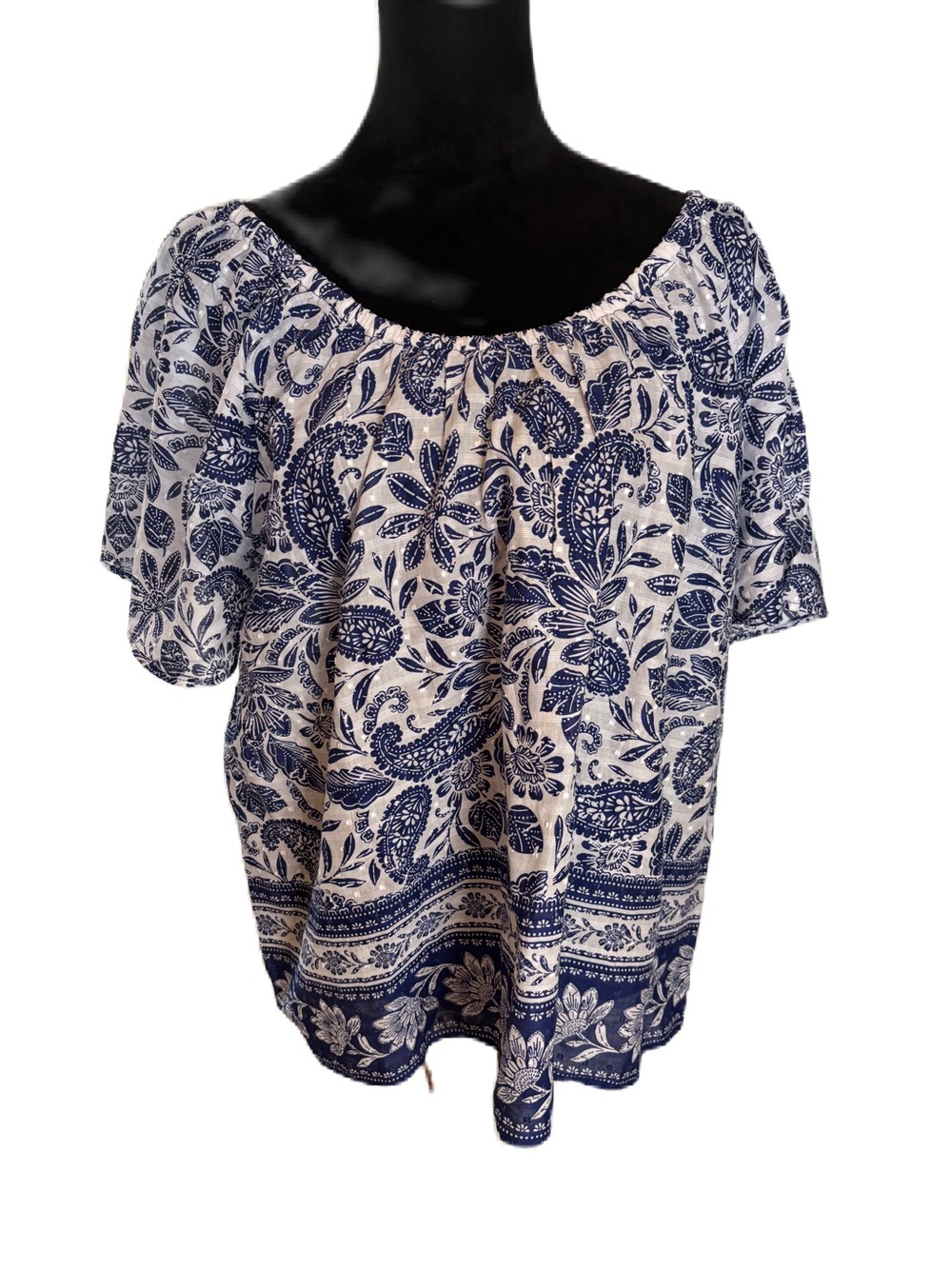 LOFT Navy and White Floral Off-Shoulder Top
